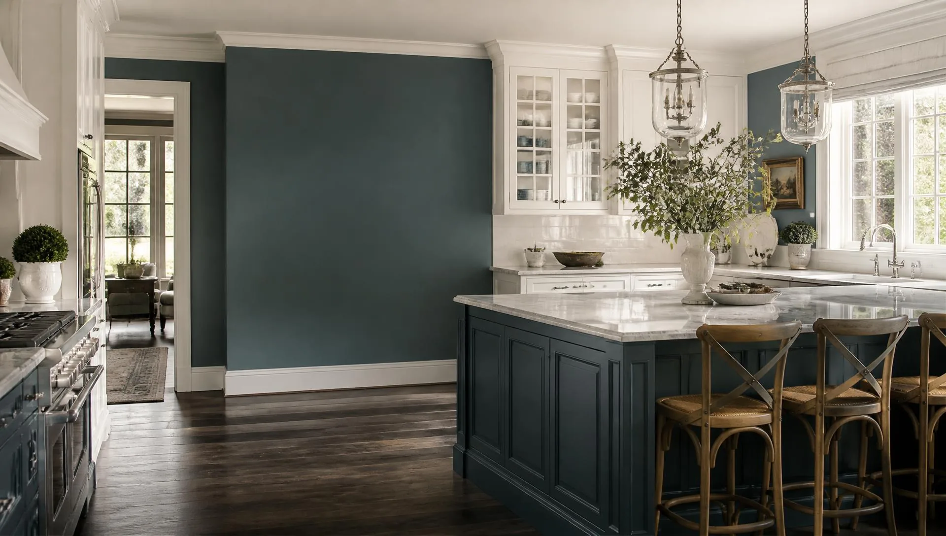 Immaculate Southern-style kitchen with deep teal cabinetry